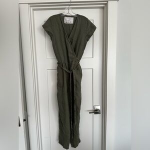 notPERFECTLINEN Olive Green Linen Wrap Jumpsuit